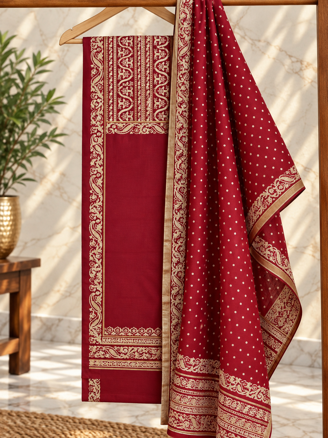Maroon Floral Motif Suit Set