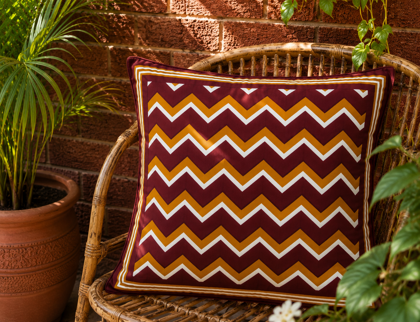 Maroon Chevron Hand Block Printed Cushion Cover - Studio Rang