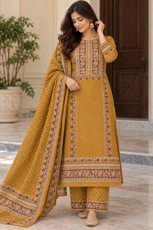Mustard yellow suit with dupatta, front model view