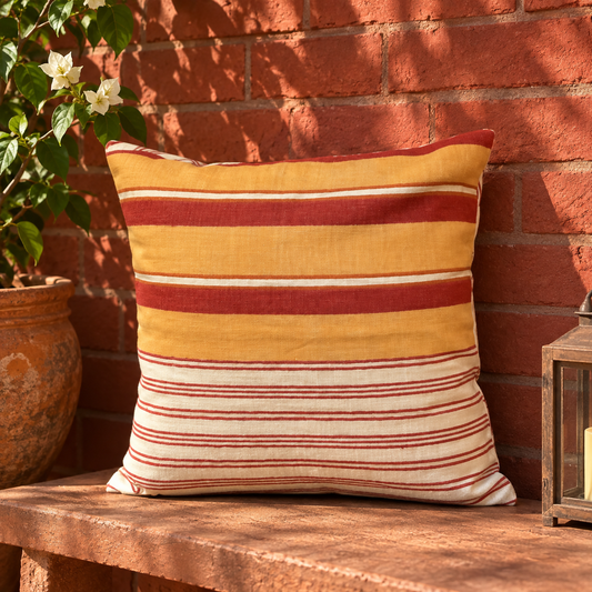 Mustard and maroon striped pure cotton hand block printed cushion cover