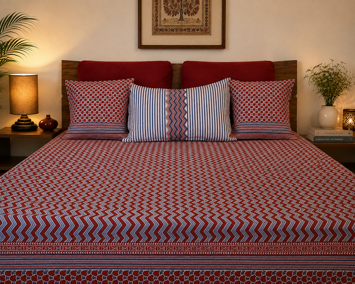 Hand block printed crimson chevron bedcover set – front styled view