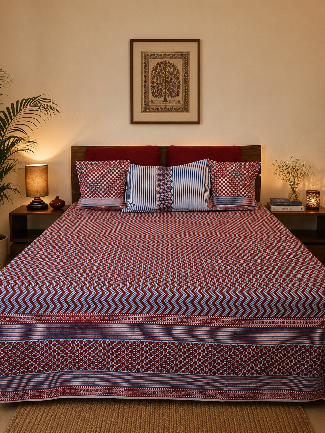 Hand block printed crimson chevron bedcover set – full bed view