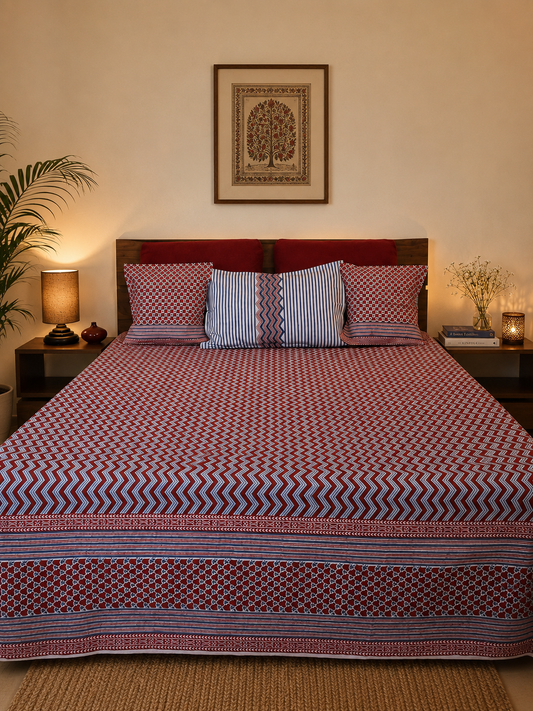 Hand block printed crimson chevron bedcover set – full bed view