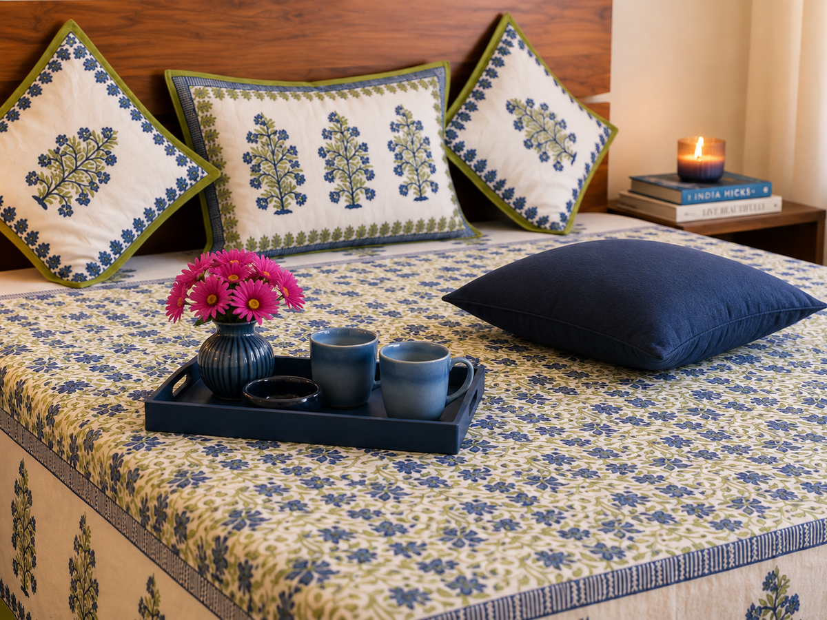 Hand block printed blue floral jaal bedcover set with cushion covers – close up