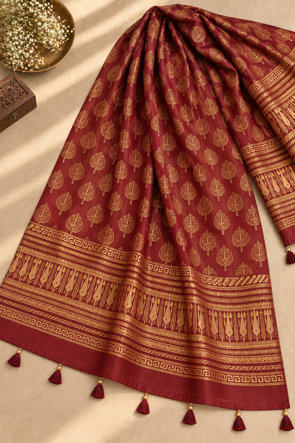 Meher Maroon Chanderi Dupatta – Hand Block Printed