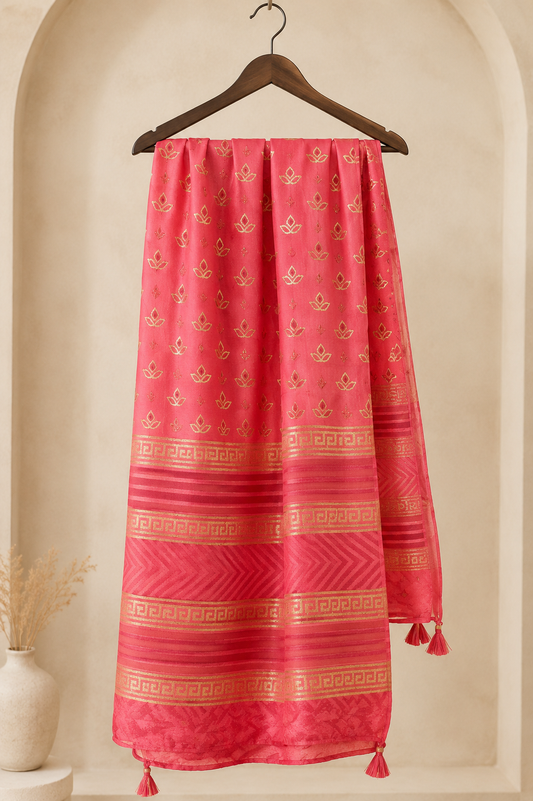 Pink Chanderi Dupatta with Gold Block Print and Tassels