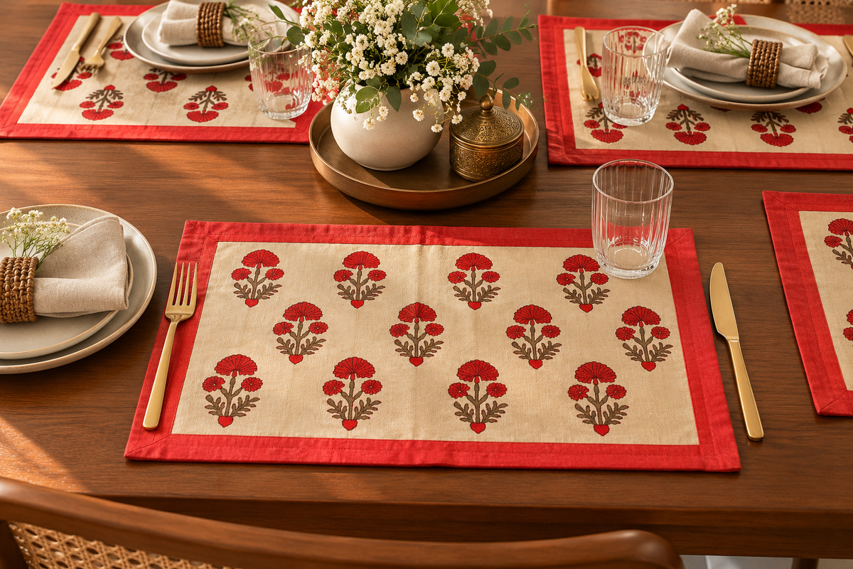Ivory rectangular placemats with red floral motifs and red borders on a styled wooden dining table