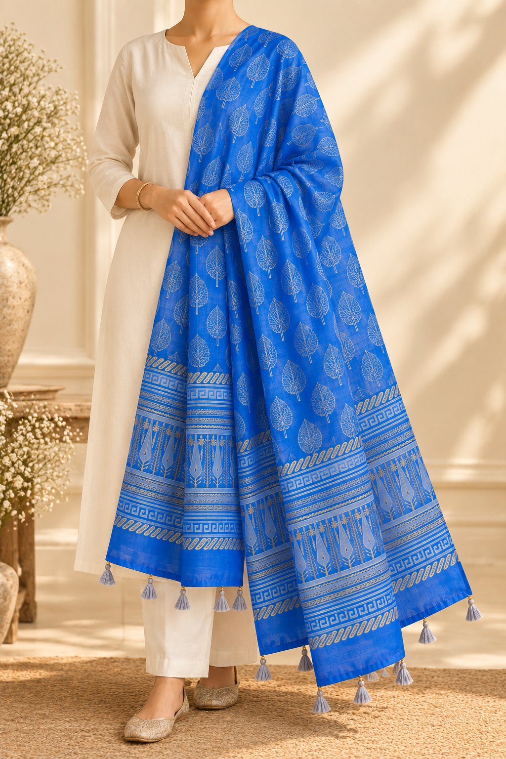 Blue Chanderi dupatta with hand block printed leaf motifs and tassel border styled over a white kurta