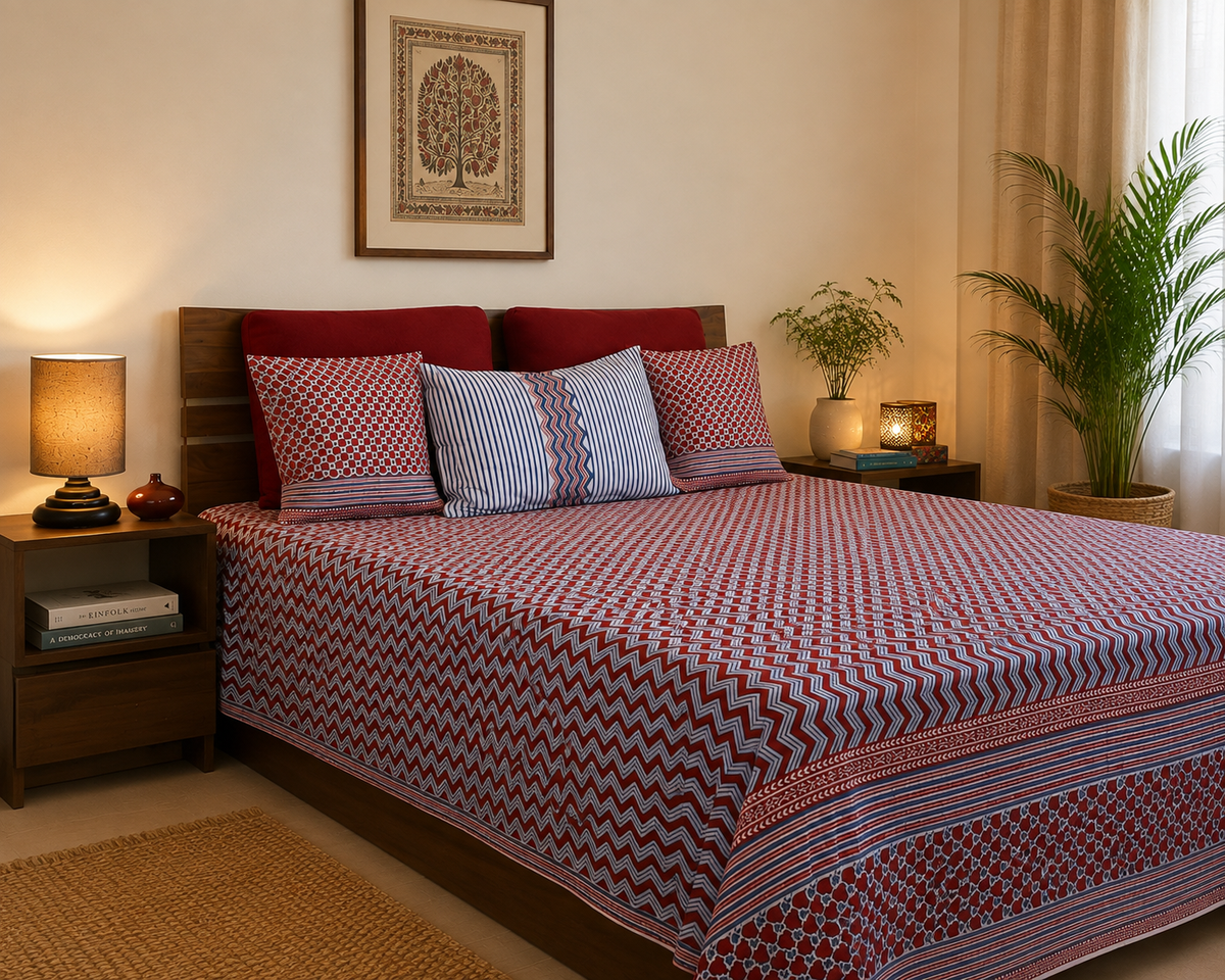 Hand block printed crimson chevron bedcover set – angled room view