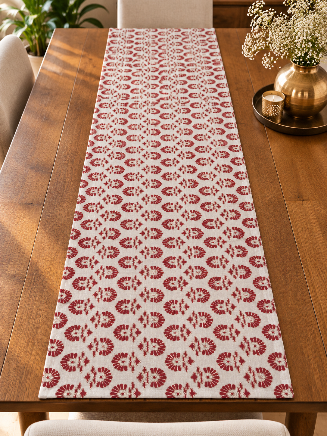 Grey & Maroon Floral Dupion Silk Table Runner