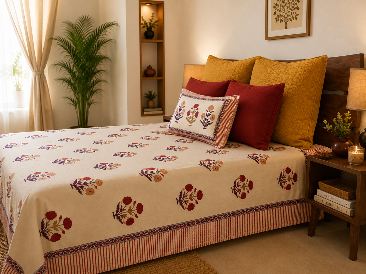 Red Floral Hand Block Printed Bedsheet Set - side view