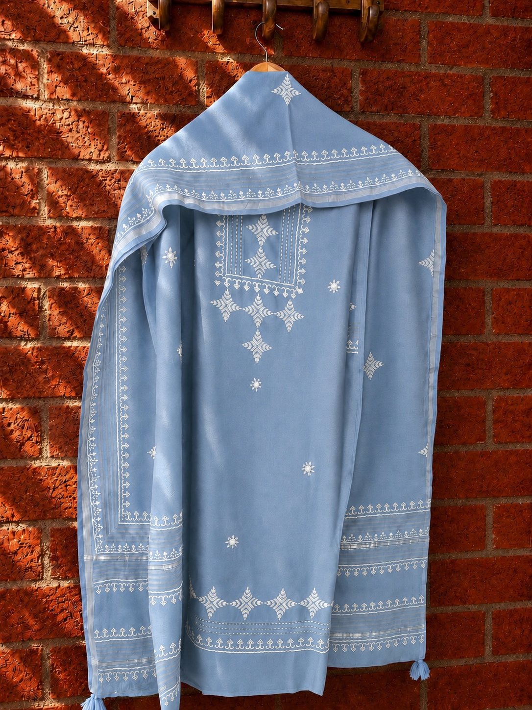 Powder Blue Geometric Hand Block Printed Pure Chanderi Suit with Dupatta - Studio Rang