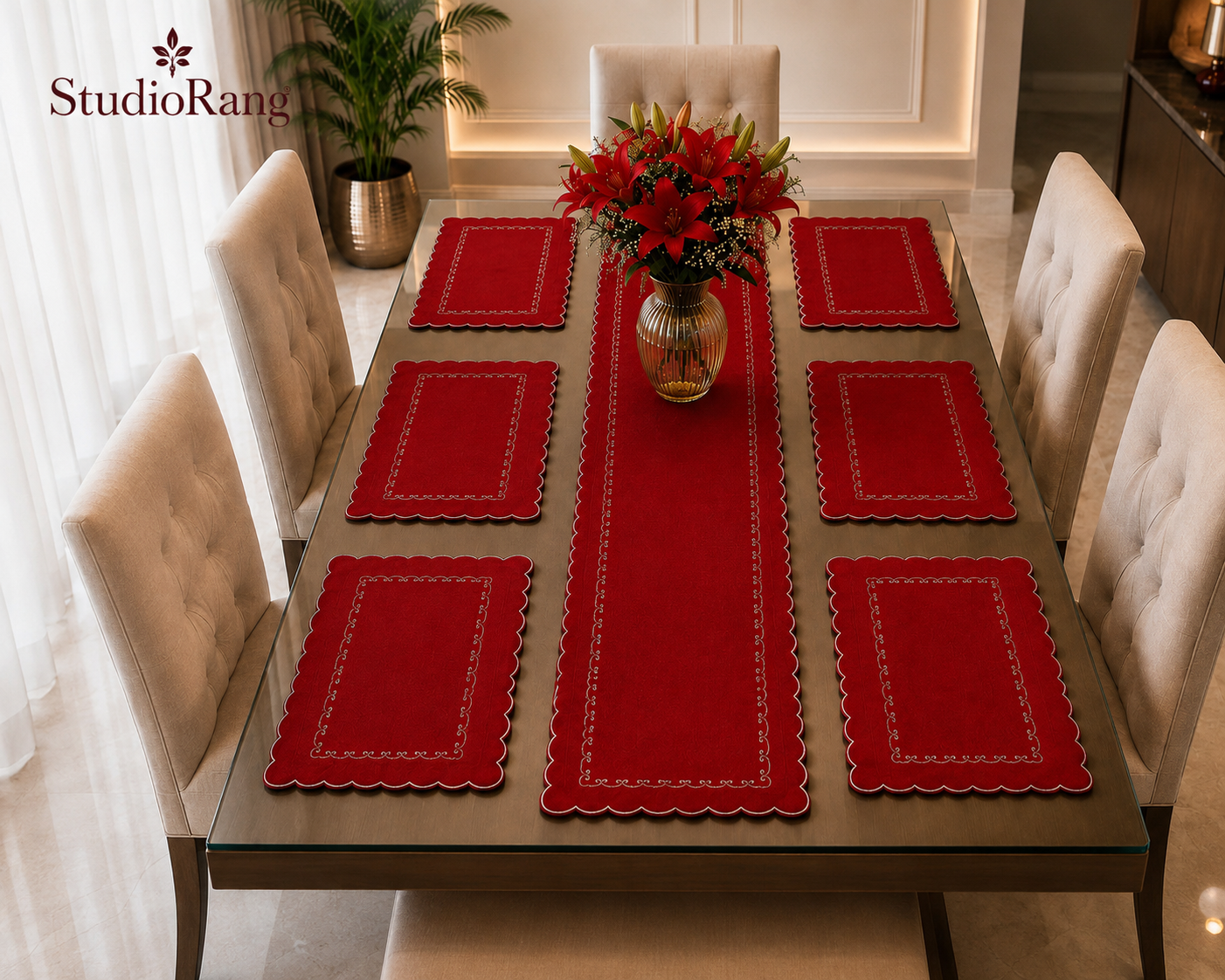 Red cotton canvas table mats set of 6 with matching table runner on dining table