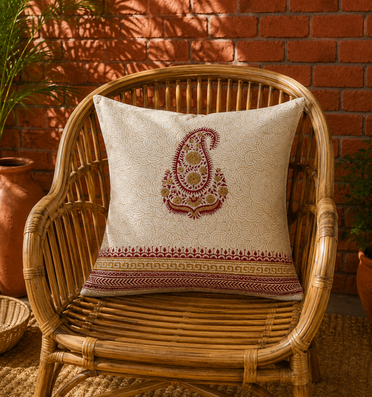 Maroon Gold Embroidered Paisley Hand Block Printed Cushion Cover - Studio Rang