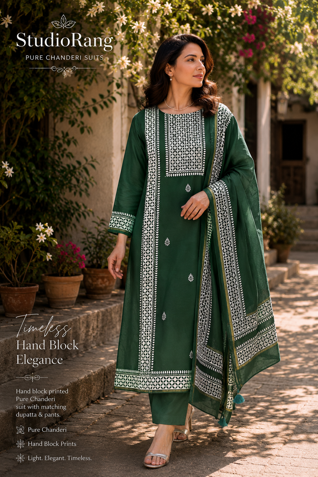 Model wearing forest green pure Chanderi hand block printed suit set with dupatta
