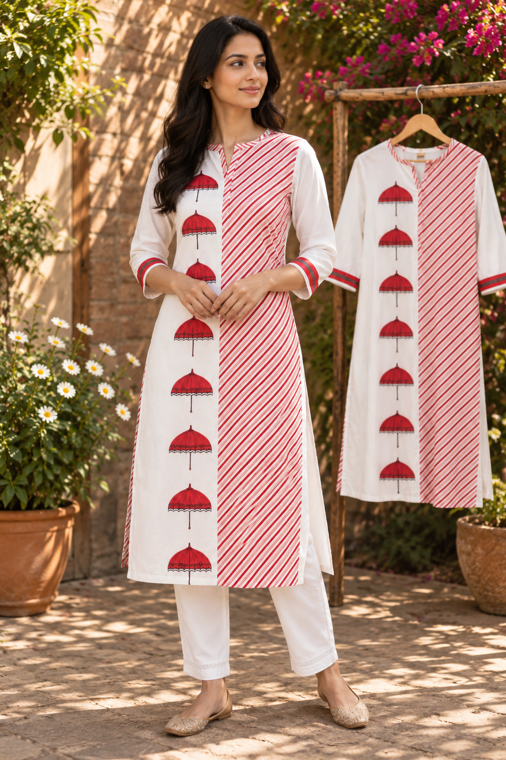 Red umbrella block print kurta set - front view