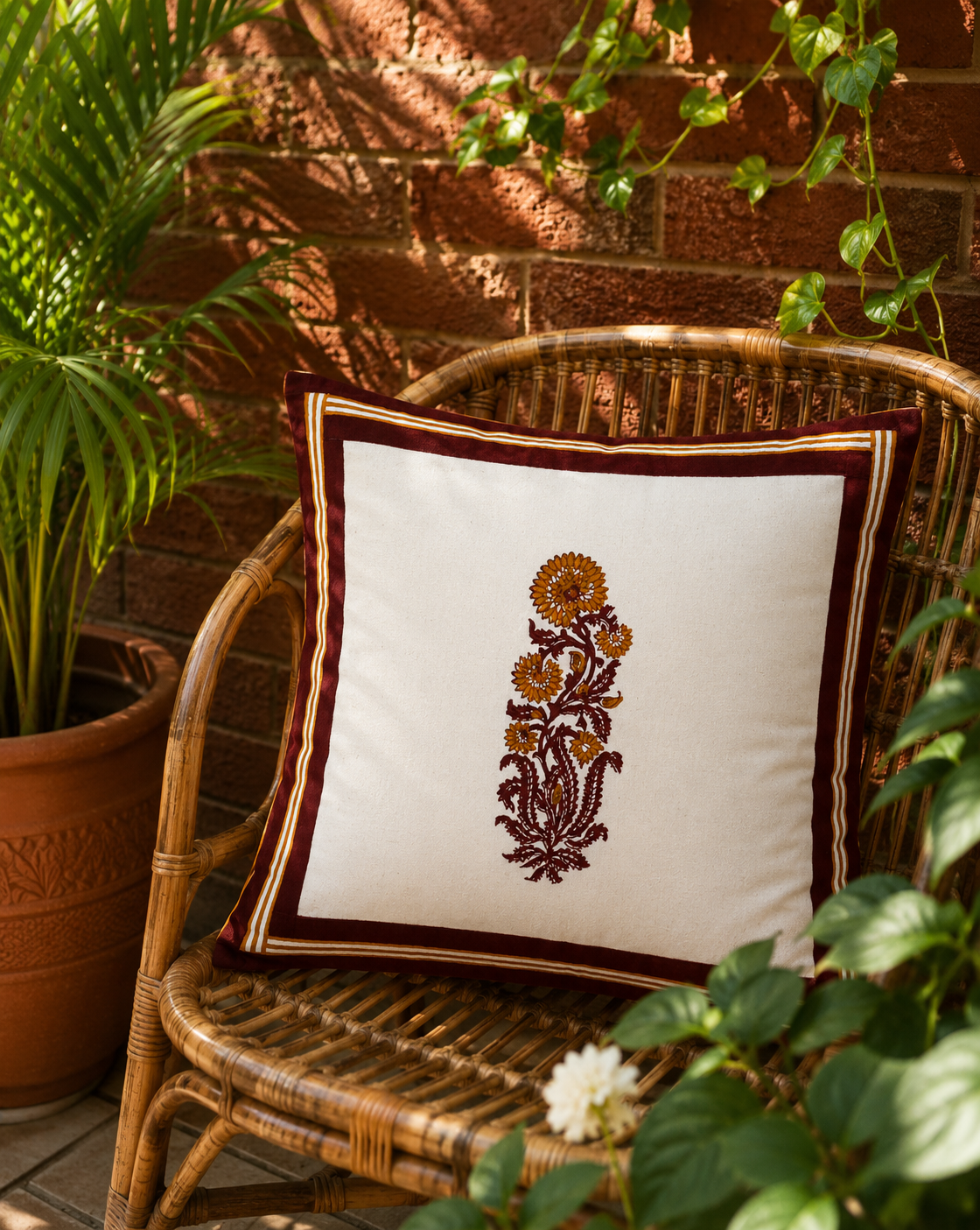 Ivory Floral Hand Block Printed Cushion Cover - Studio Rang