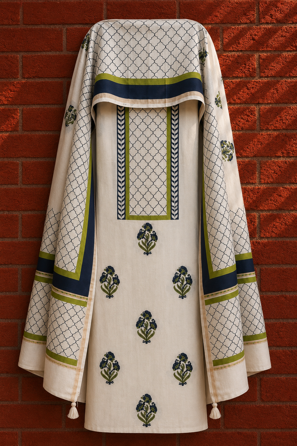 Off-white jaal hand block printed pure cotton suit with dupatta on hanger - Studio Rang