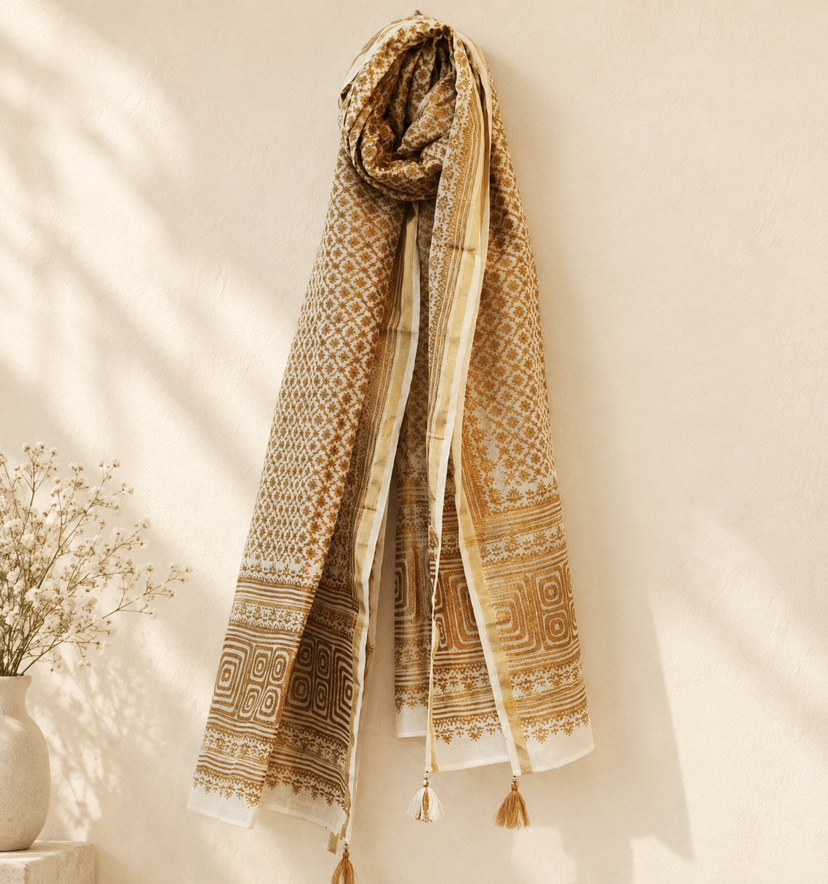 Ivory Chanderi dupatta with gold motifs, geometric border and tassels hanging against a neutral wall