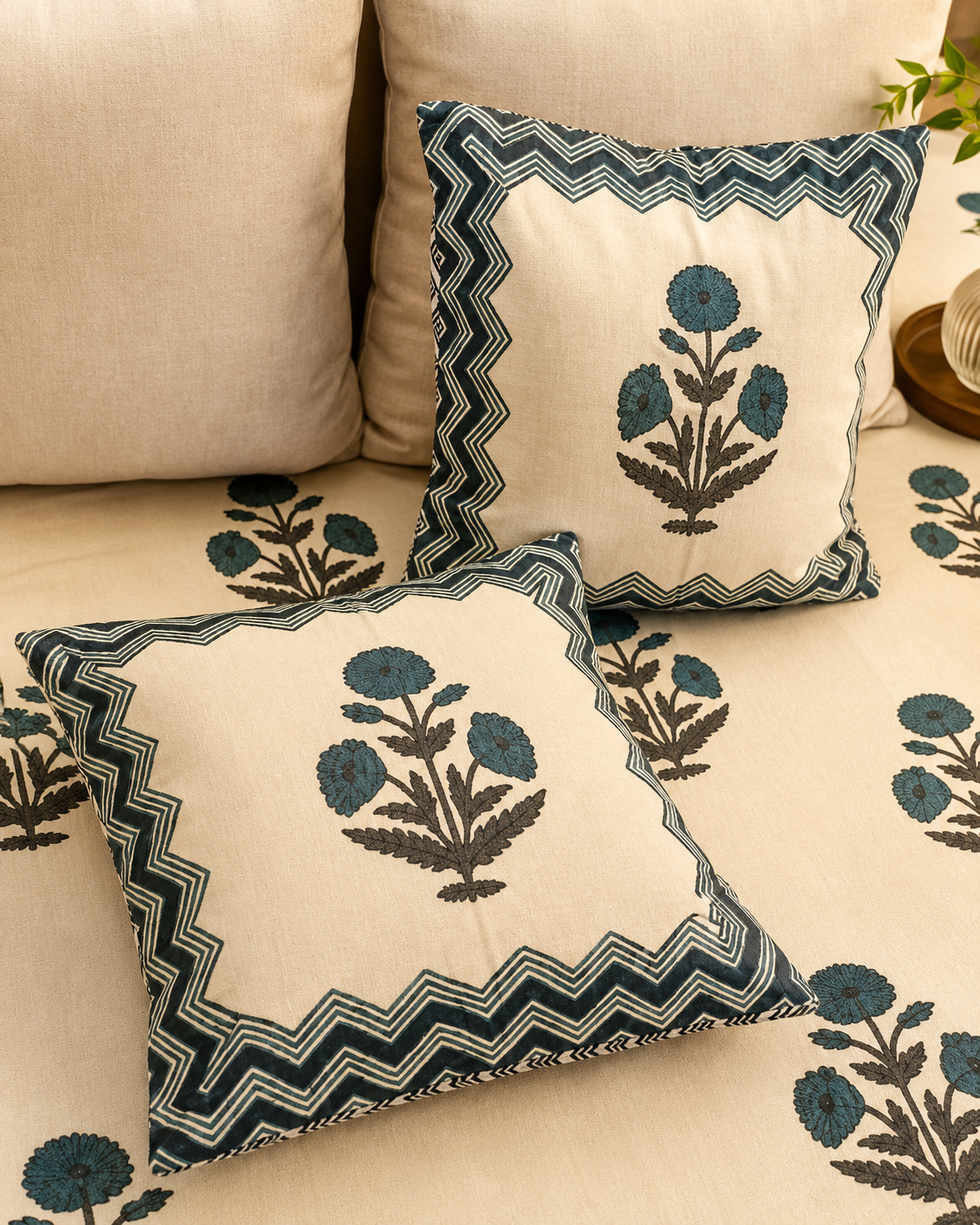 White Hand Block Printed Bedsheet with Pillow Covers