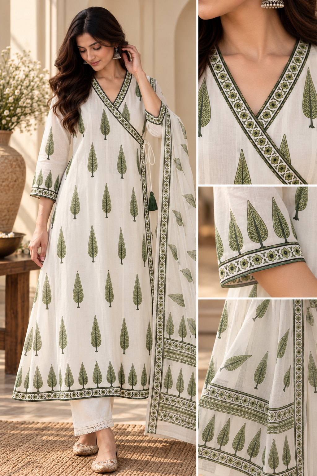 Front and detail views of the ivory and olive Angrakha kurta and Kota dupatta