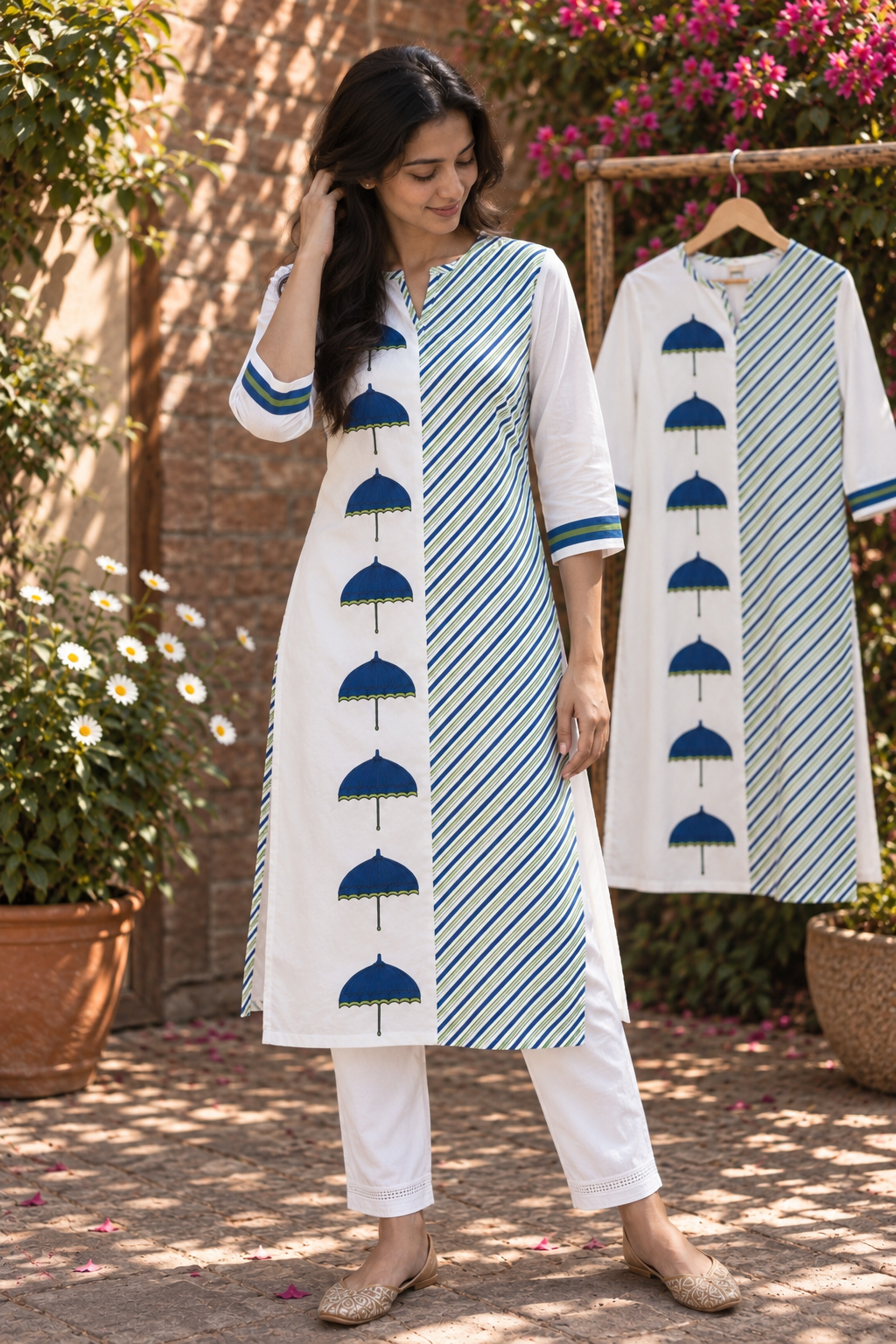 Blue umbrella block print kurta set - front view