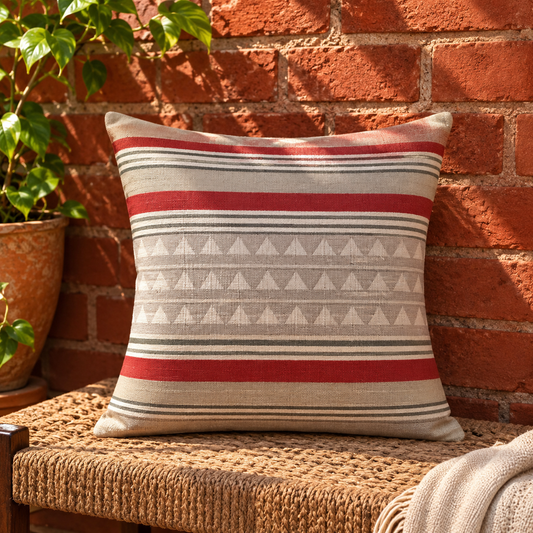 Red, grey, and ivory pure cotton hand block printed cushion cover