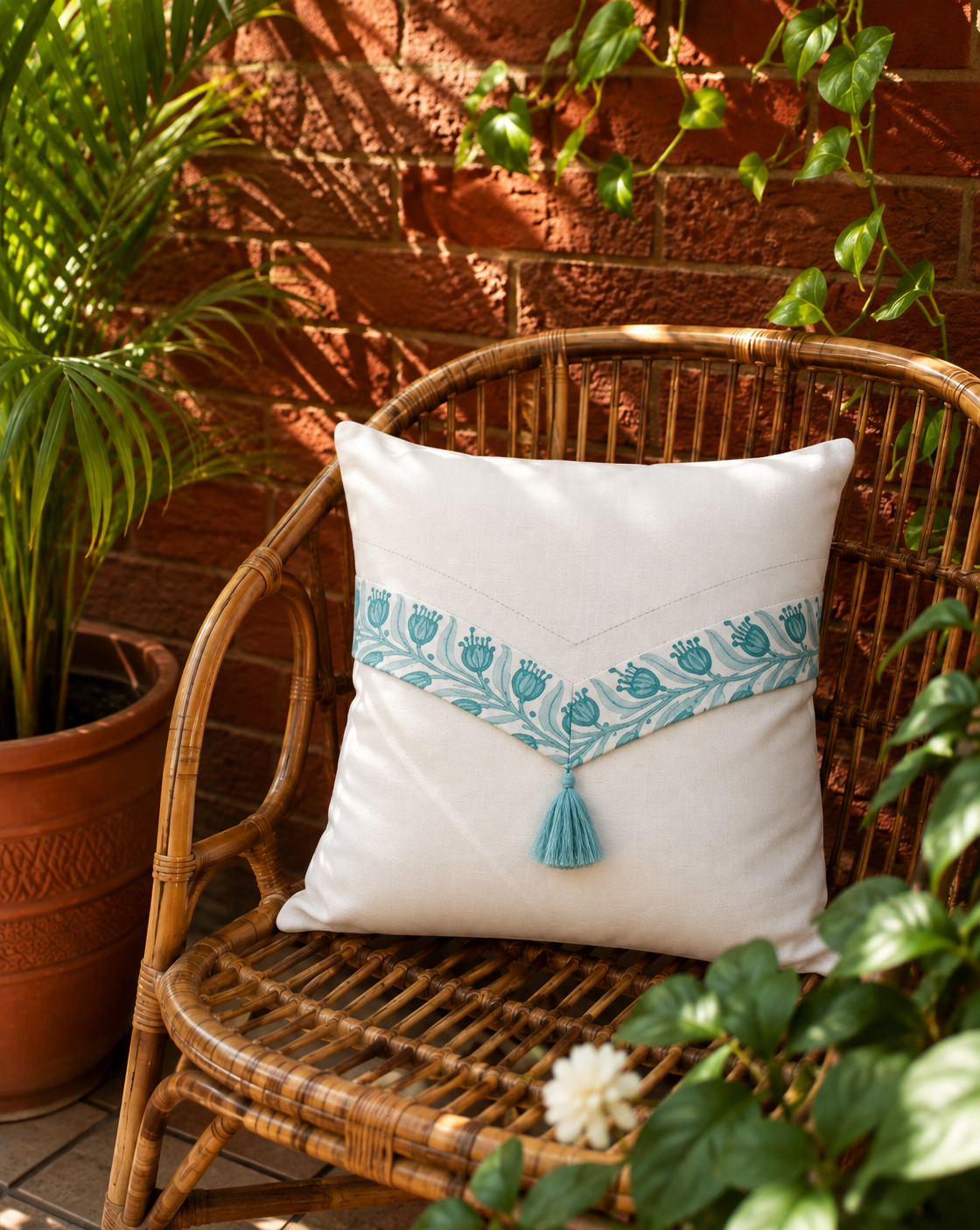 Teal embroidered pure cotton cushion cover with tassel detail