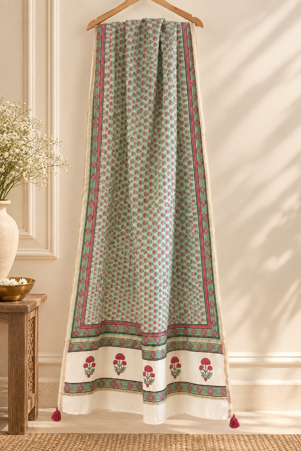 Full length view of mint floral Chanderi dupatta with pink tassels