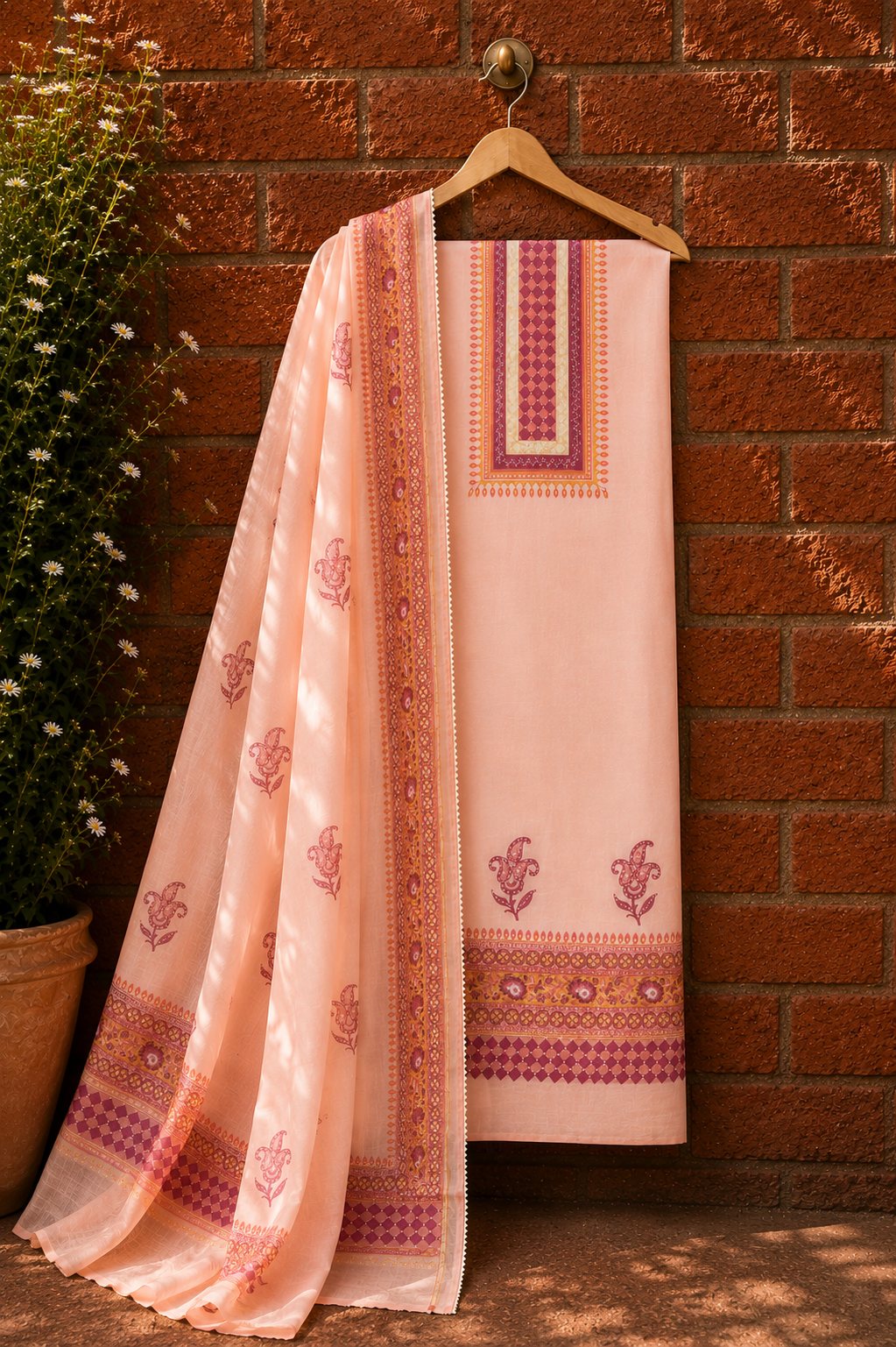 Peach Pure Chanderi Suit Set with Dupatta