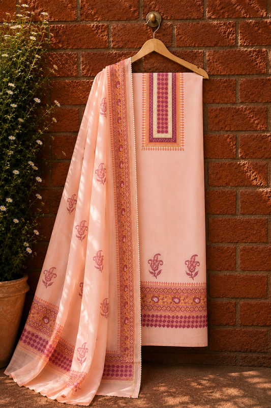 Peach Pure Chanderi Suit Set with Dupatta