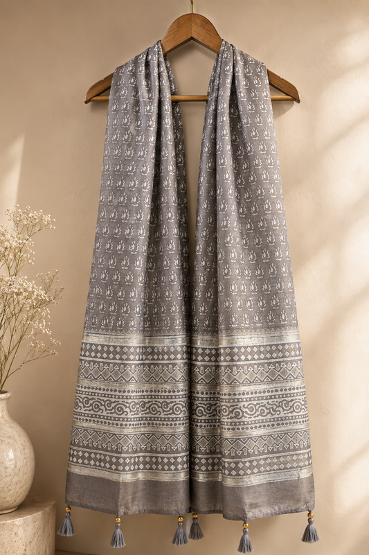 Grey Chanderi Dupatta with Block Print and Tassels