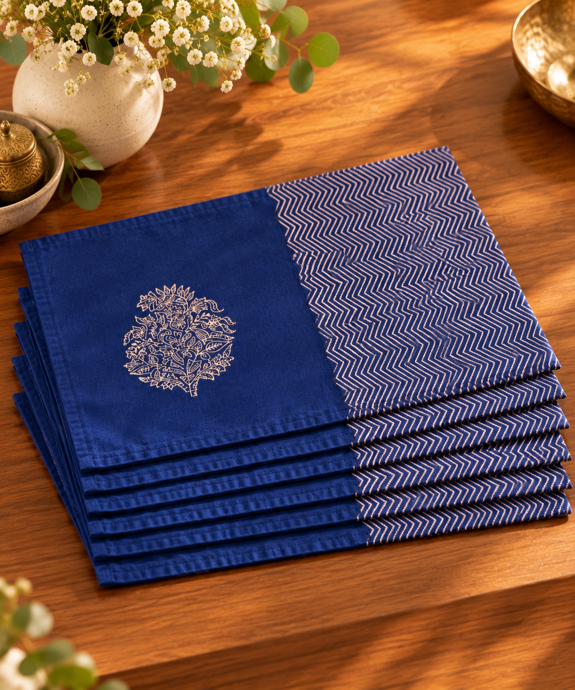 Indigo Floral & Chevron Dupion Silk Placemats, Set of 6