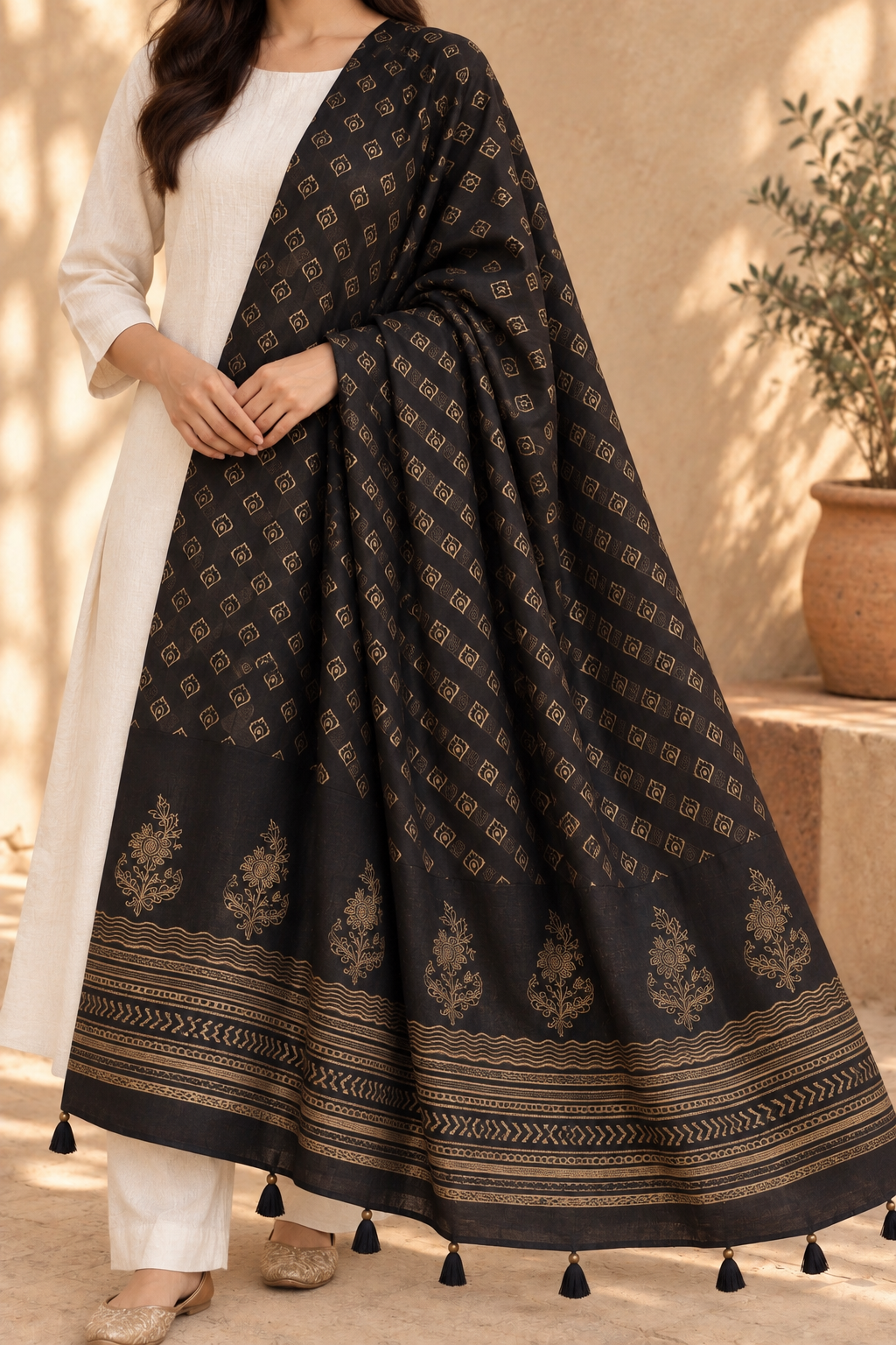 Noor Black Chanderi Dupatta – Hand Block Printed