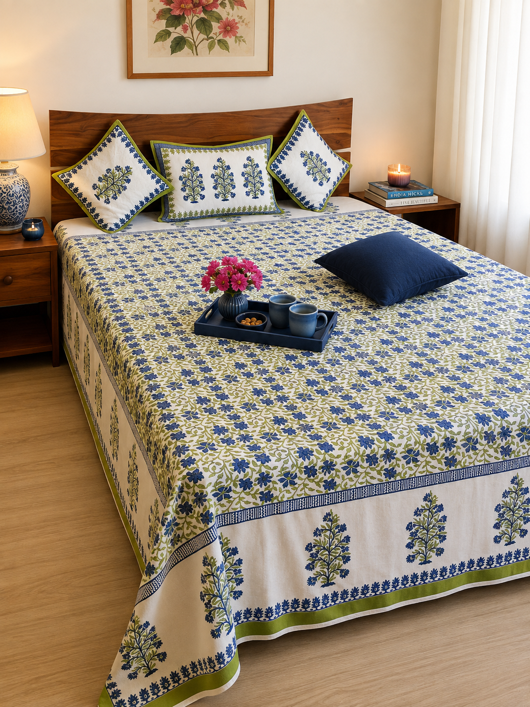 Hand block printed blue floral jaal bedcover set styled on bed – full view