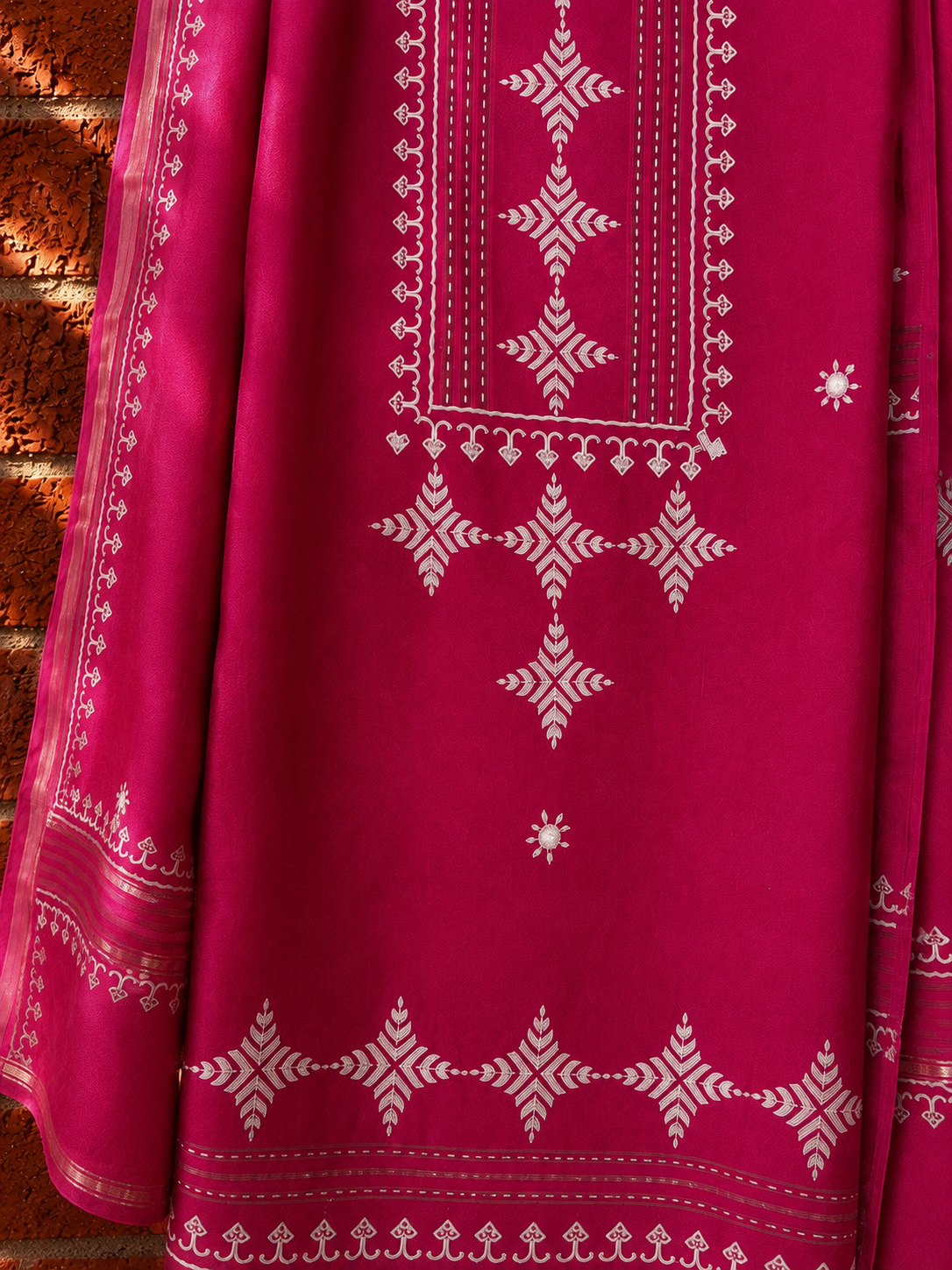 Close up of white geometric hand block print on magenta pure Chanderi suit - Studio Rang