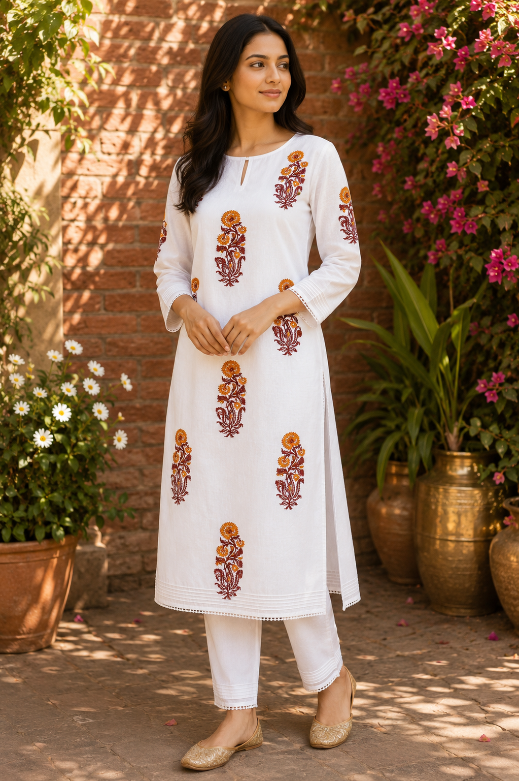White Hand Block Printed Kurta Pyjama Set