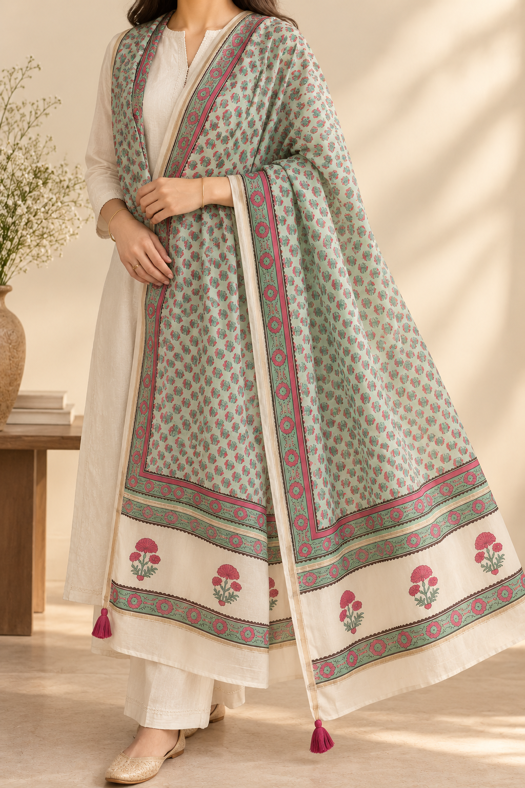 Model wearing a mint and pink floral Chanderi dupatta with an ivory kurta