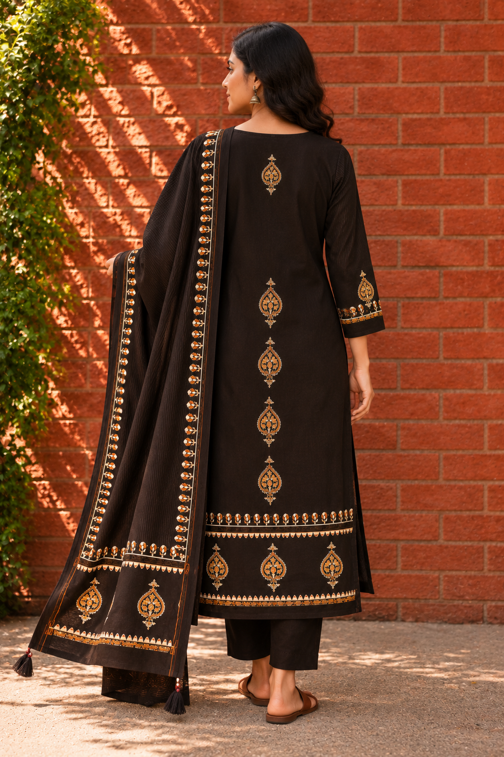 Chocolate Brown Chanderi Suit Set – Hand Block Printed with Dupatta