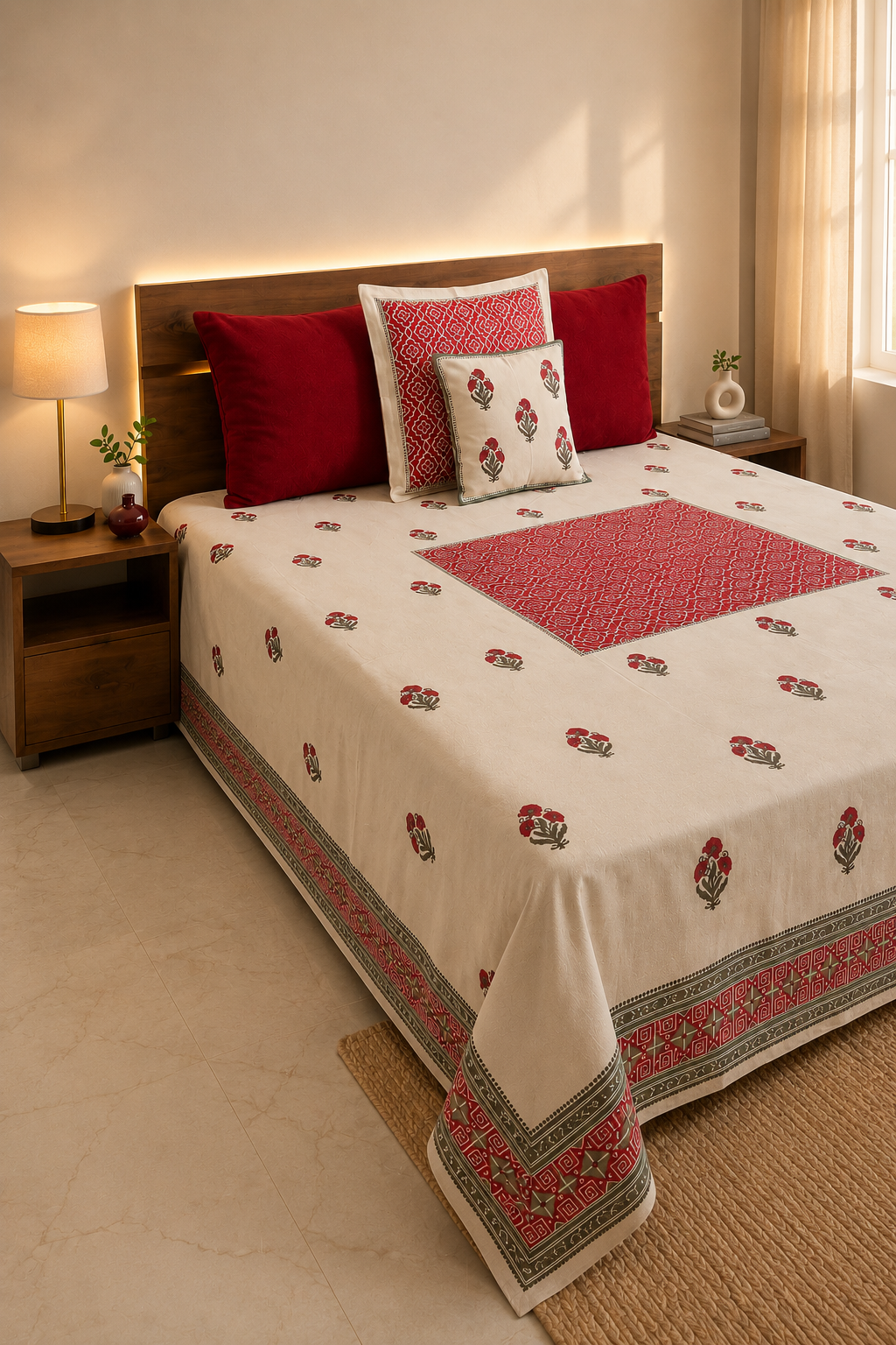 Full bed view with hand block printed bed cover, red geometric centre panel and matching cushion covers