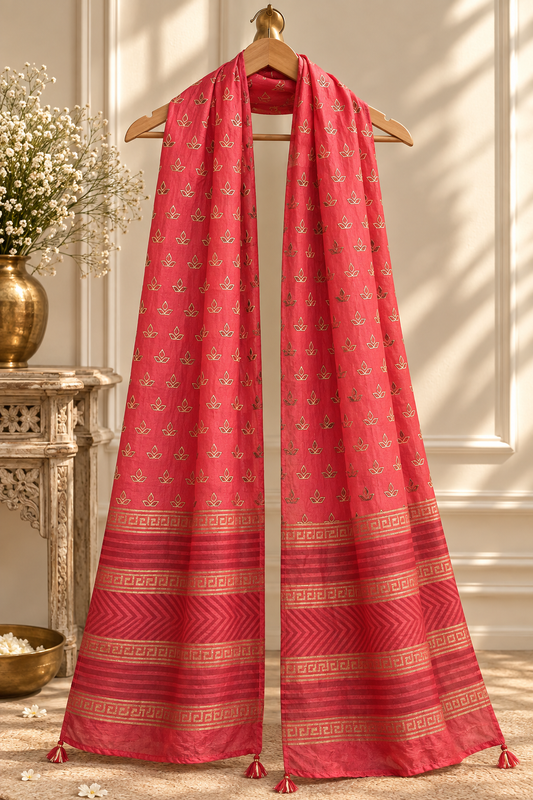 Full-length pink Chanderi dupatta with gold hand block printed lotus motifs, border, and tassels displayed on a hanger