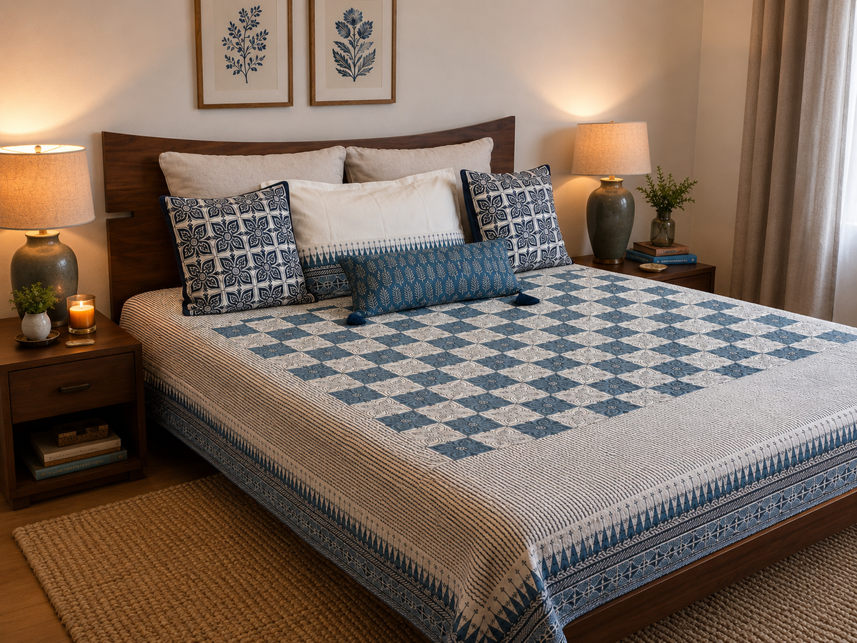 Hand block printed indigo tile bedcover set – styled room view