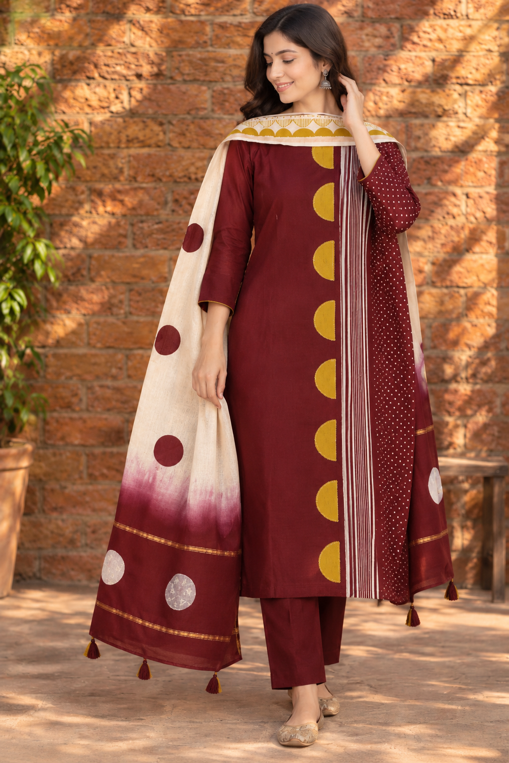 Model wearing a burgundy Pure Chanderi stitched suit with dupatta