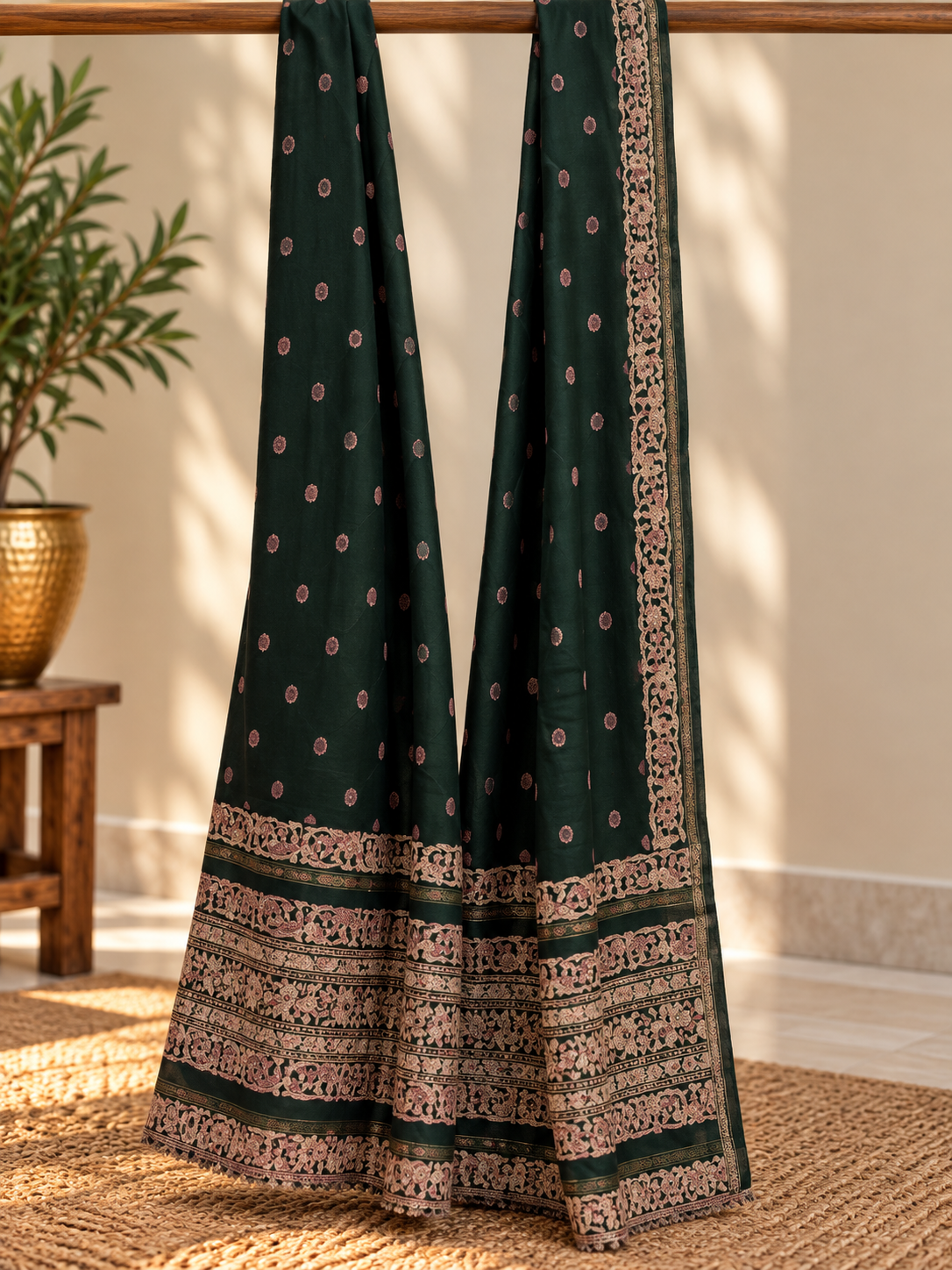 Forest-green dupatta draped over a wooden rail