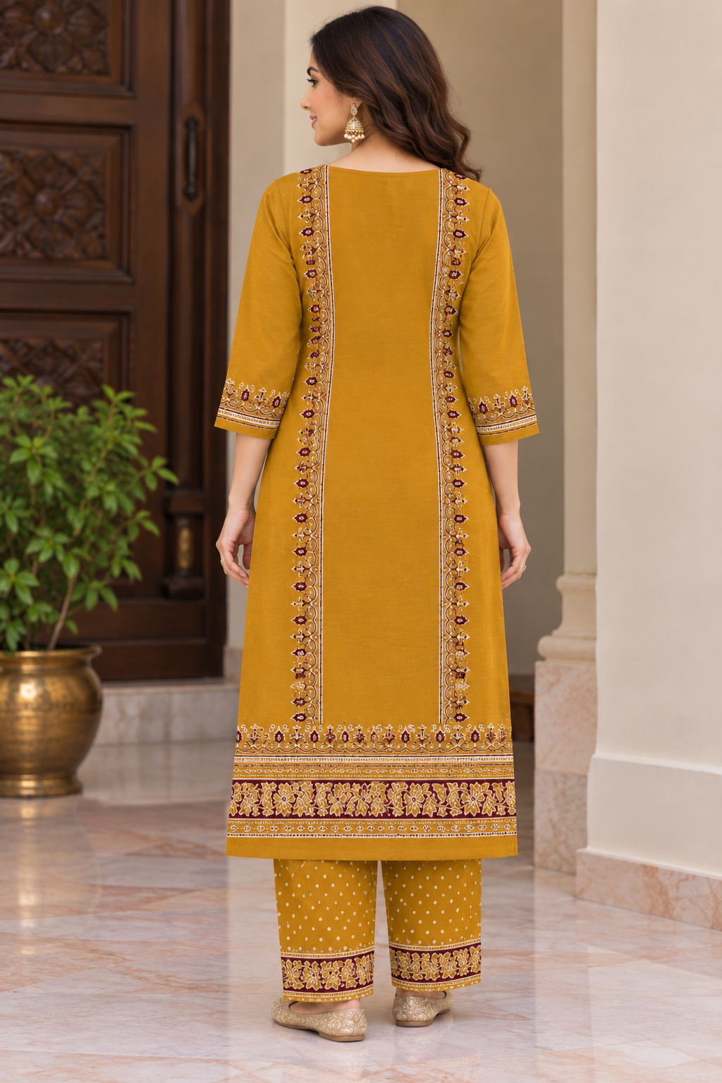 Mustard yellow suit, back model view