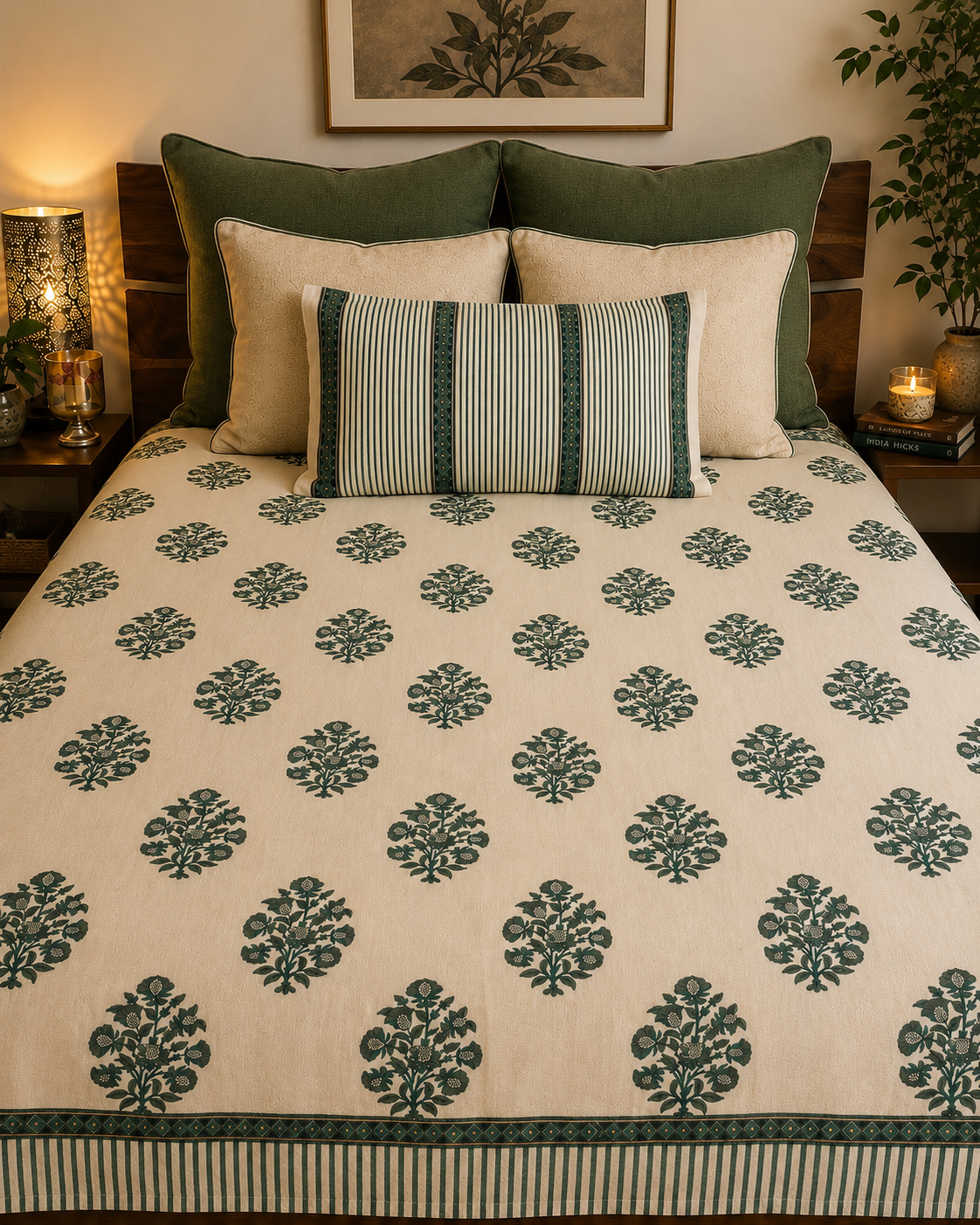 Forest green hand block printed cotton bedcover — front view on bed