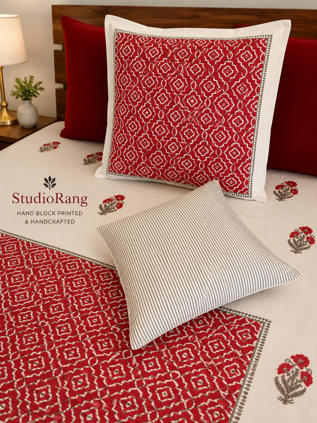 Studio Rang hand block printed cushion covers - red geometric 21x21 inch and striped 16x16 inch set