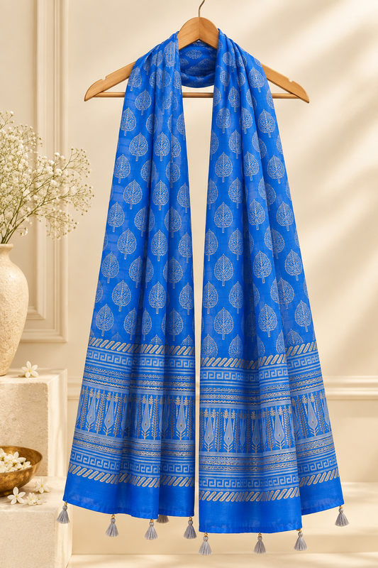 Full-length blue Chanderi dupatta with hand block printed leaf motifs and tassels