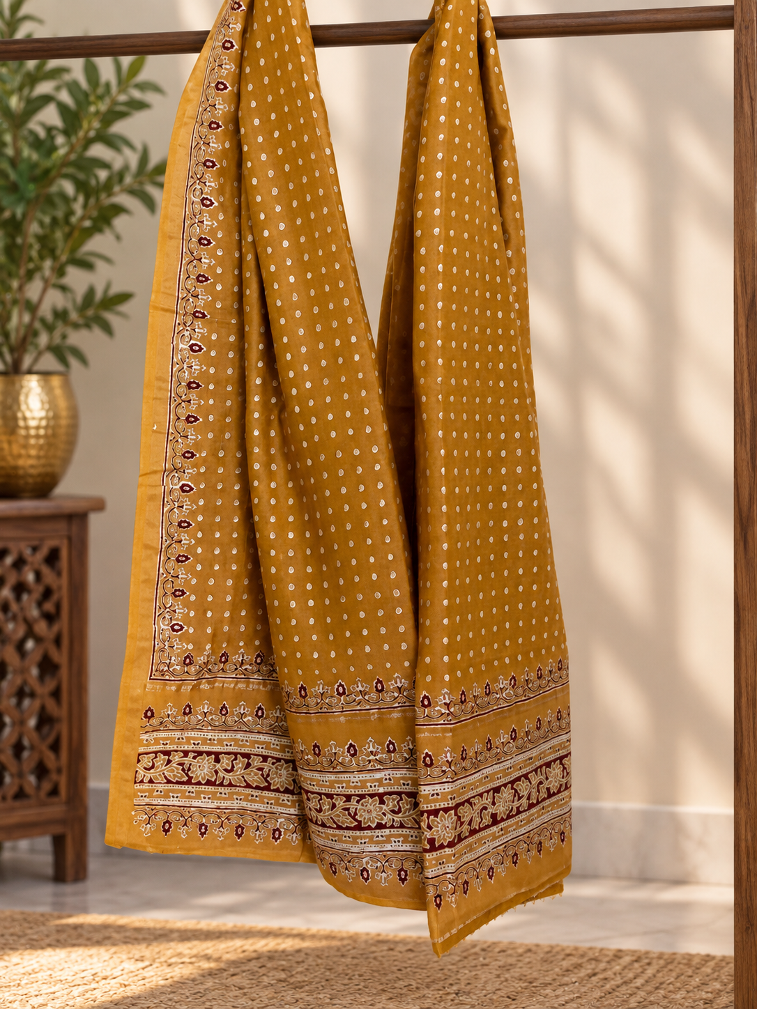 Mustard Chanderi dupatta hanging to show repeating motifs and decorative floral borders