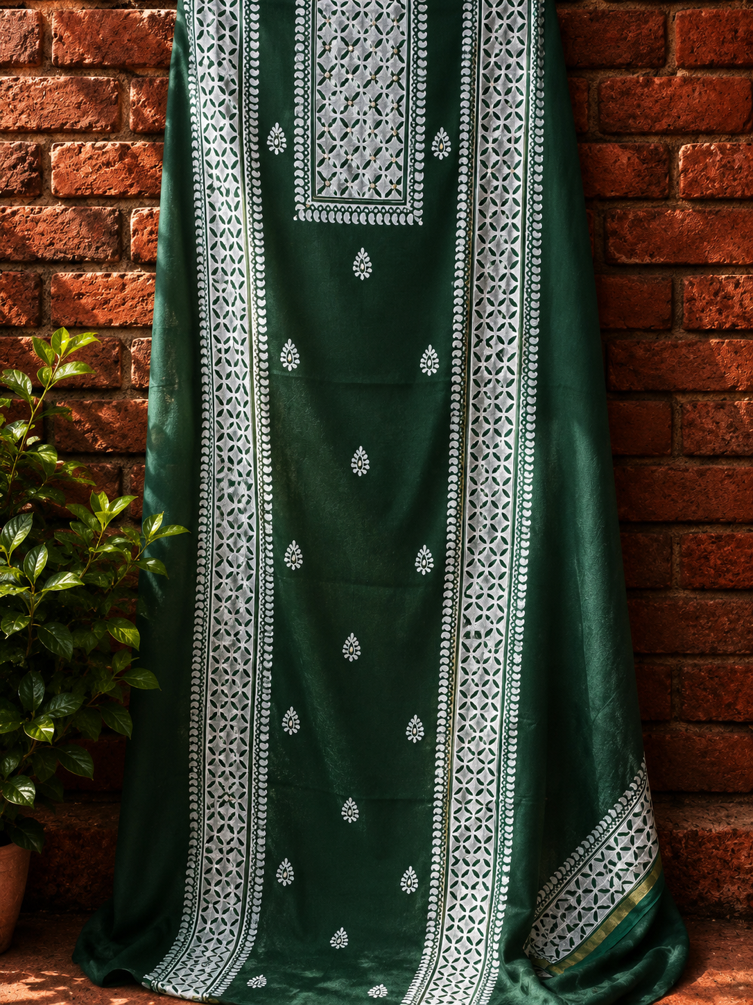 Close-up of forest green Chanderi suit fabric with hand block printed motifs and detailed border